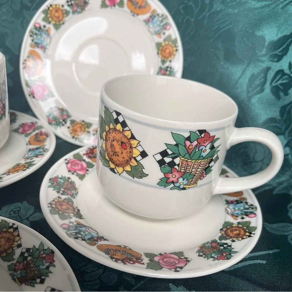 Vintage UTE Tea 3 Cups & 4 Plates Charming Hats & Florals in Engelbreit-style